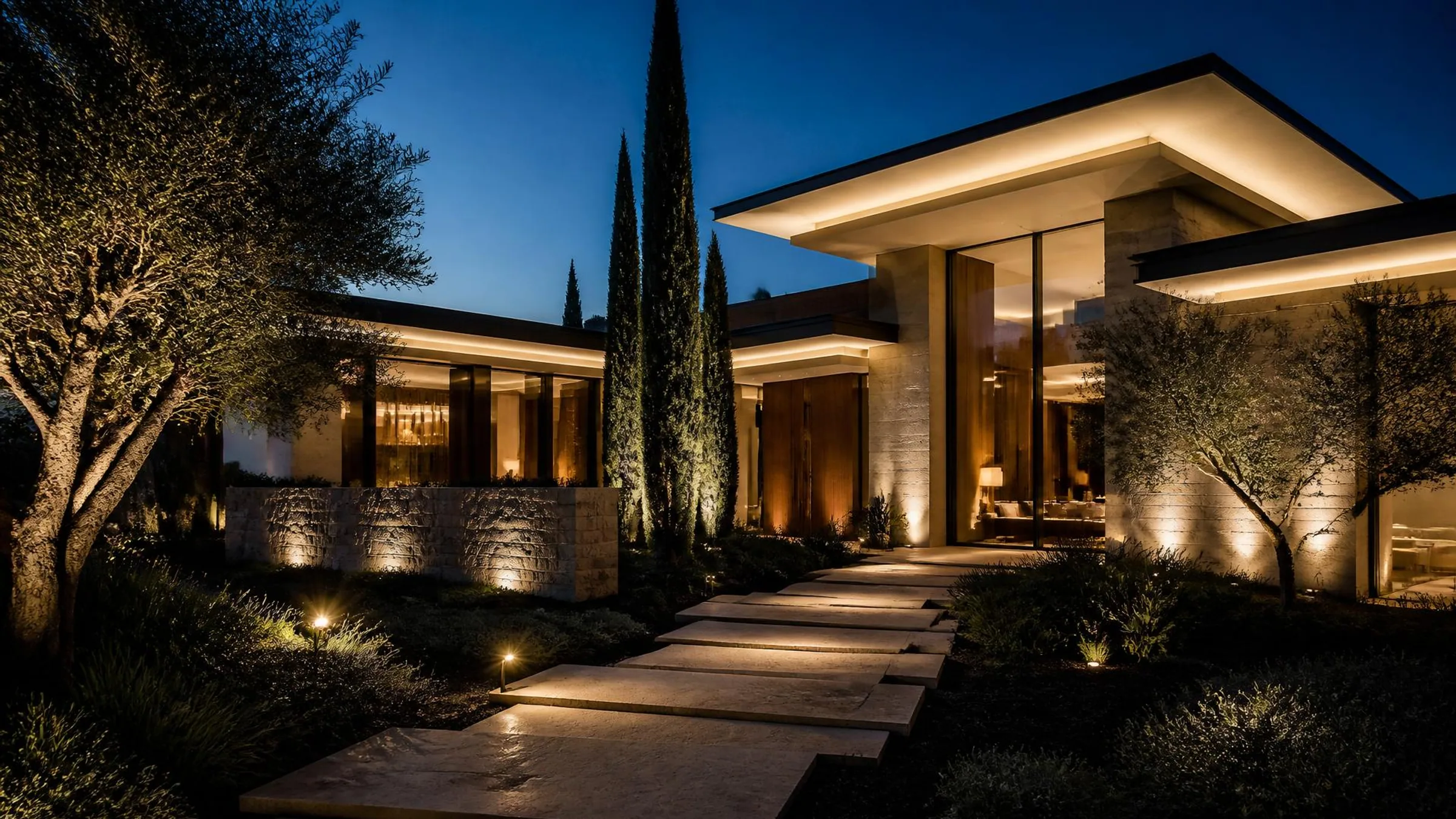 Contemporary residence illuminated with layered architectural LED lighting at dusk.