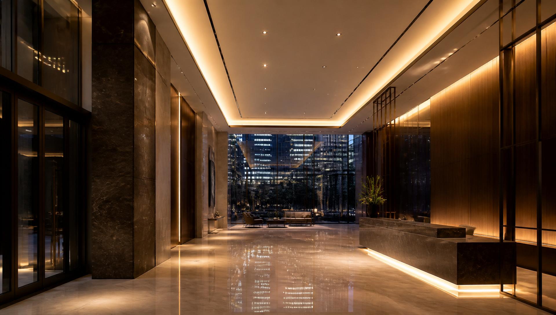 Modern commercial lobby with layered warm architectural cove lighting and reception feature wall.