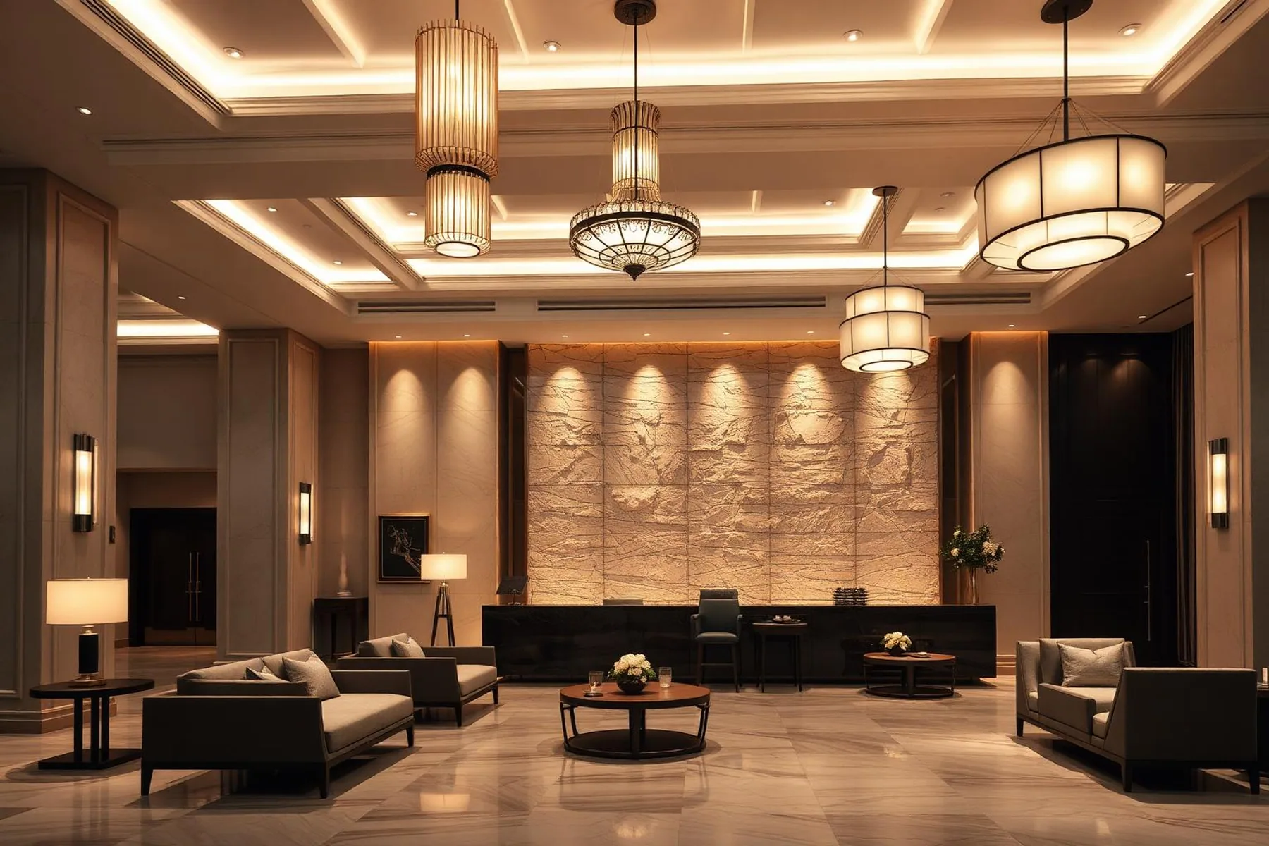 Luxury hotel lobby with layered warm architectural lighting.