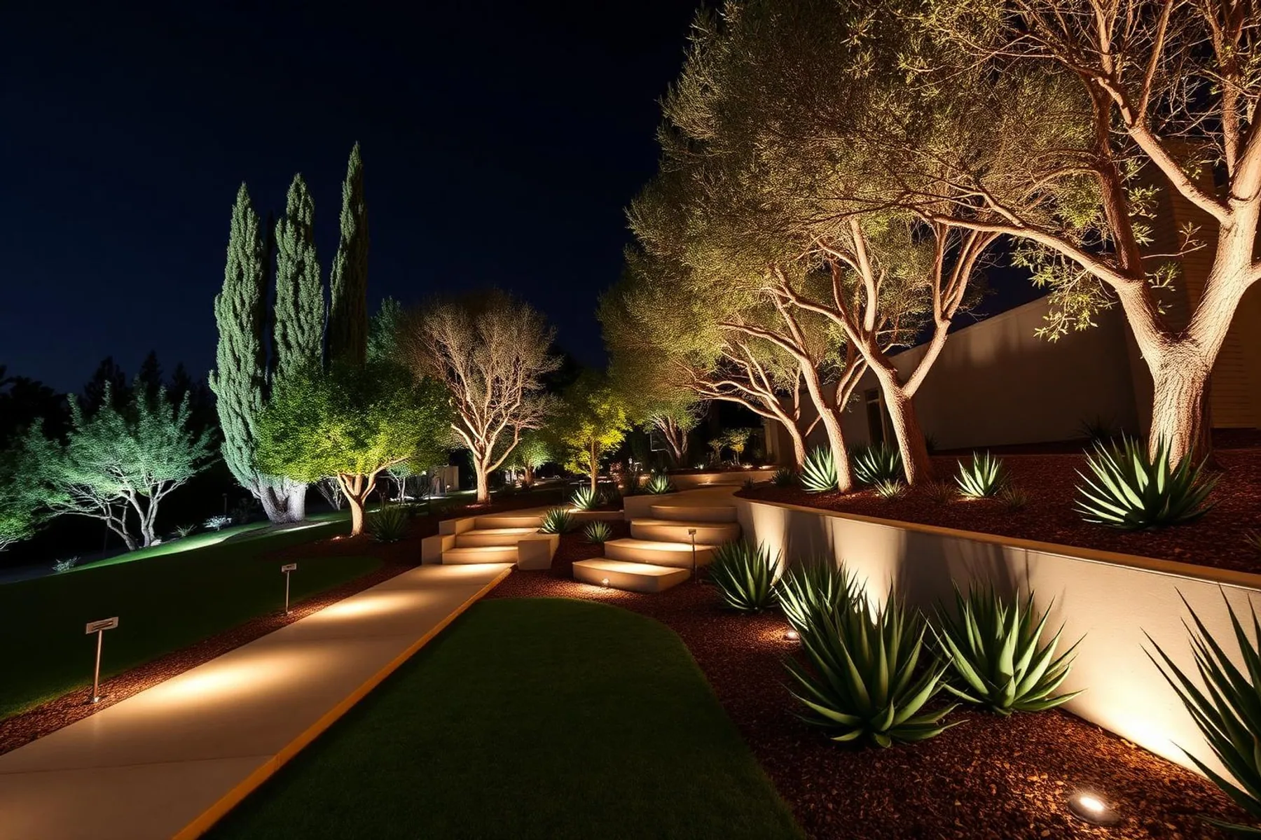 Contemporary property with professional landscape and pathway lighting.