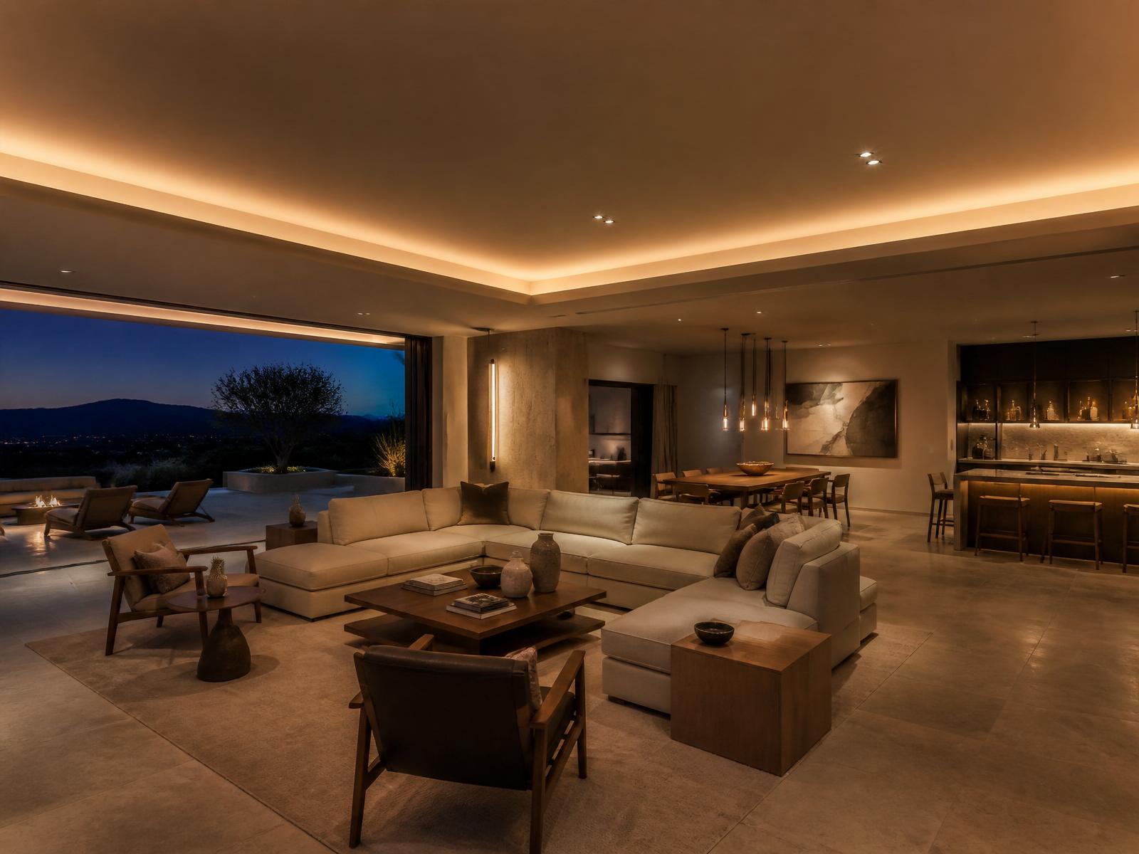 Luxury residential great room with recessed cove lighting and warm layered ambient illumination overlooking a hillside view.